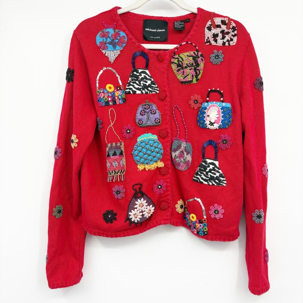 Michael Simon Womens Red Beaded Handbag Floral Vintage 90s Cardigan Sweater L